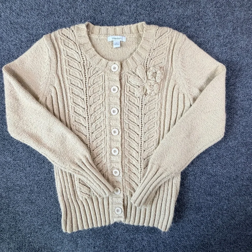 Dressbarn Cardigan Sweater Womens Small‎ Beige Cable Knit Floral Outdoor Winter